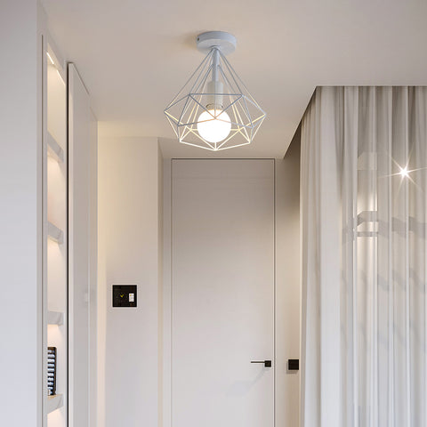 Vintage Plafonnier Industriel Diamant en forme Cage Métal Rétro Lampe de Plafond Abat-jour Suspension Luminaire pour Salle à Manger Bar Chambre,25cm (Blanc)