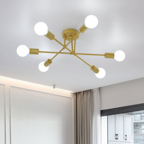 Plafonnier LED Moderne, Rétro Lustre Lampe Suspension Vintage 6 Lumières E27 Base, Lustre Luminaire en Métal Lampe pour Salon Chambre Cuisine Couloir Loft salle à manger Bar Café, Or (Sans ampoules)