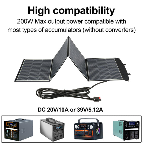 Panneau solaire 200W - Puissance monocristalline, sortie DC 20V/10A ou 39V/5.12A, 3 plis