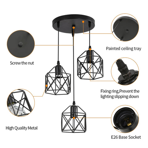 Suspension Luminaire Vintage Noir, Métal Cage Noir Vintage, Plafonnier Industriel, 3 Lumières E26 (Ampoule Non Incluse)