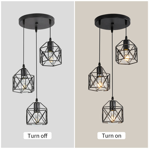 Suspension Luminaire Vintage Noir, Métal Cage Noir Vintage, Plafonnier Industriel, 3 Lumières E26 (Ampoule Non Incluse)