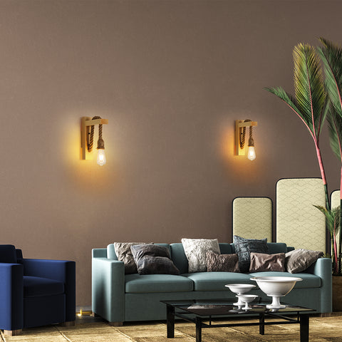 Retro houten wandlamp, industriële vintage wandspots, E27 creatieve henneptouw wandlampen voor slaapkamer, balkon, gang, keuken, trap