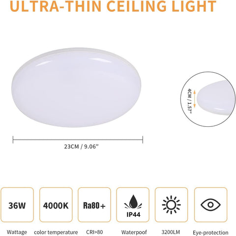 Plafonnier LED, 36W 3200LM Luminaire Plafonnier Moderne, Ultra Mince Rond Lampe de Plafond LED pour Salle de Bain Cuisine Chambre à Coucher Couloir Balcon, Ø23*H4cm, 4000K Blanc Naturel