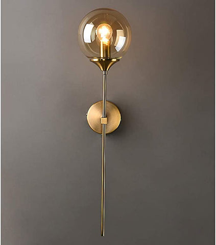Vintage industriële wandlamp, amberkleurige glazen bol met lange arm gouden wandlamp, gouden wandlamp voor nachtkastje (amber) E14, (lamp niet inbegrepen)