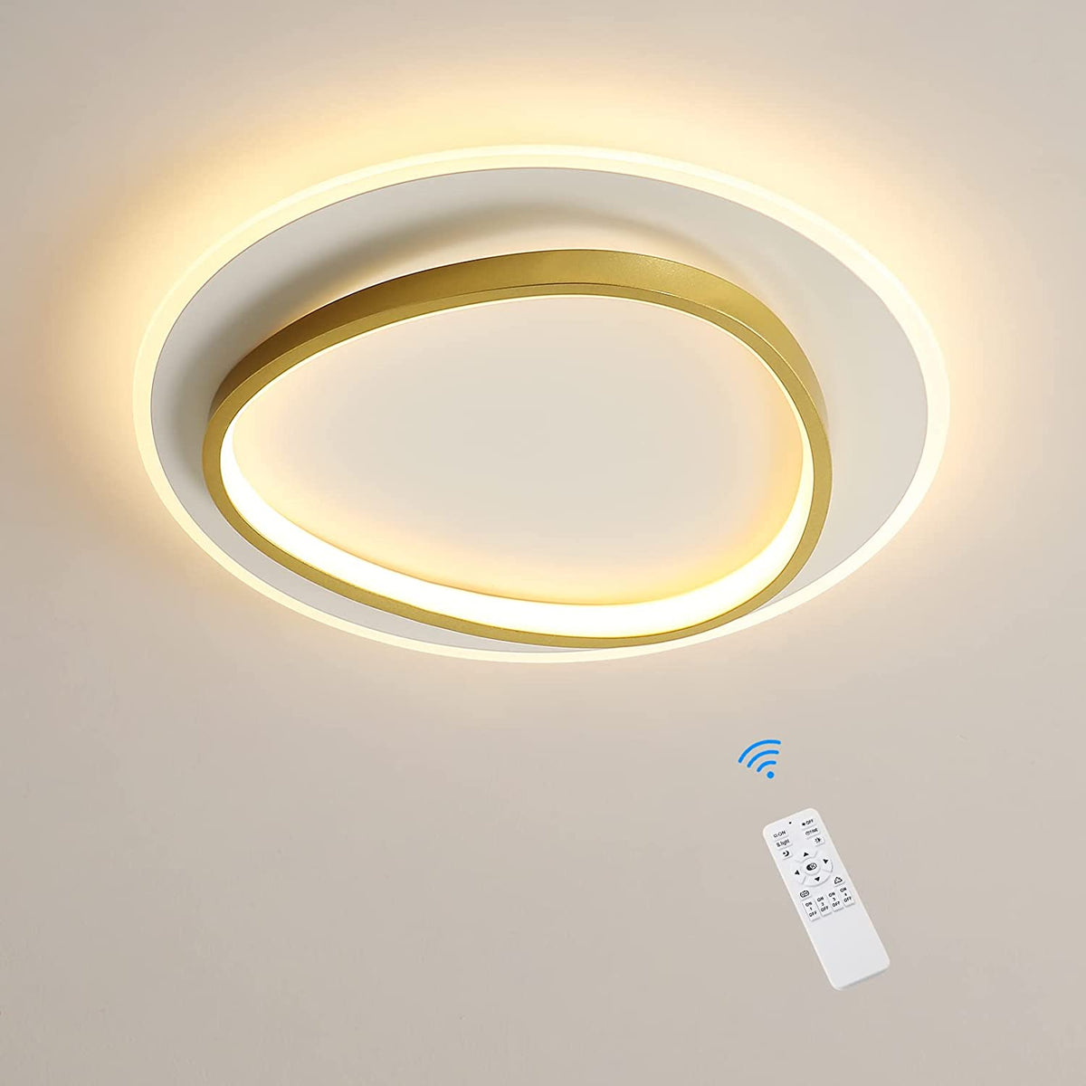 Plafonnier LED Moderne, 40W 2700-6500K Dimmable LED Lampe de Plafond avec Télécommande, Éclairage de Plafond Rond Semi-Encastré pour Chambre, Salon, Bureau, Salle d'Étude (Ø40CM, Blanc et Or)