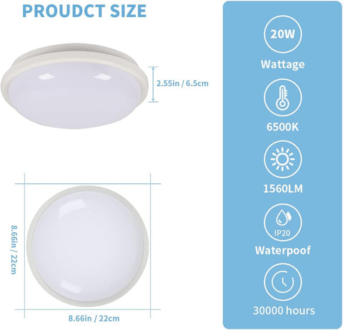 Plafonnier LED Rond, Lampe de Plafond pour Salle de Bain , IP54 Imperméable 6500K Blanc Froid, Luminaire Plafonnier Moderne pour Salle de Bain Chambre Cuisine Salon Balcon 20W Diamètre 22cm
