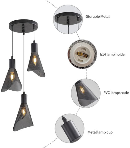Suspension Luminaire Industriel, Plafonnier Vintage Noir, Lustre avec Abat-jour PVC pour Chambre, Salon, Restaurant, Bar, 3 Lumières E14(Sans Ampoule)