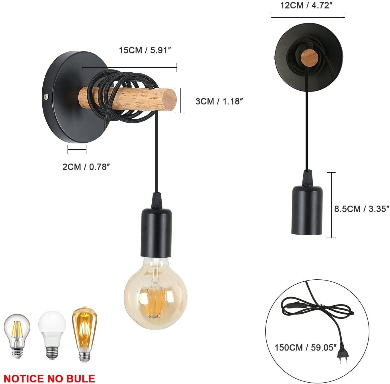 Tableau des dimensions des lampes murales 