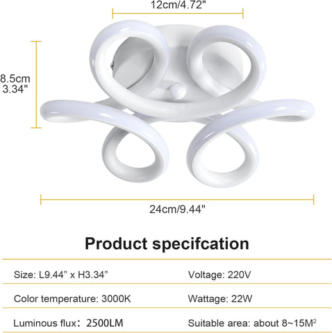 Plafonnier LED, 22W Lampe de Lustre, Design Courbé Moderne Luminaire Plafonnier pour Couloir Balcon Salon Cuisine Salle de Bain Chambre, Diamètre 26cm 3000K blanche chaude