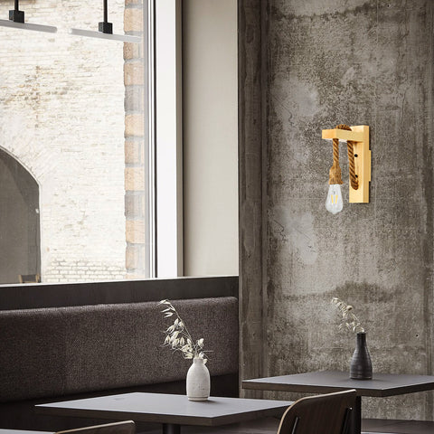 Retro houten wandlamp, industriële vintage wandspots, E27 creatieve henneptouw wandlampen voor slaapkamer, balkon, gang, keuken, trap