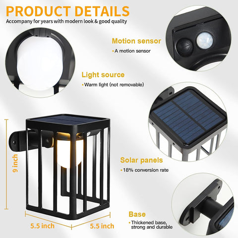 2 pièces Applique solaire Extérieur Détecteur de Mouvement Lampe murale LED Blanc Chaud 3000K Pour Cour Jardin Couloir Terrasse Proche Mur Pathway Patio Villa