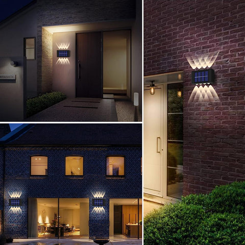 Applique solaire Extérieur 2 pièces Lampe murale LED Blanc Chaud 3000K Pour Cour Jardin Couloir Terrasse Proche Mur Pathway Patio Villa Noir