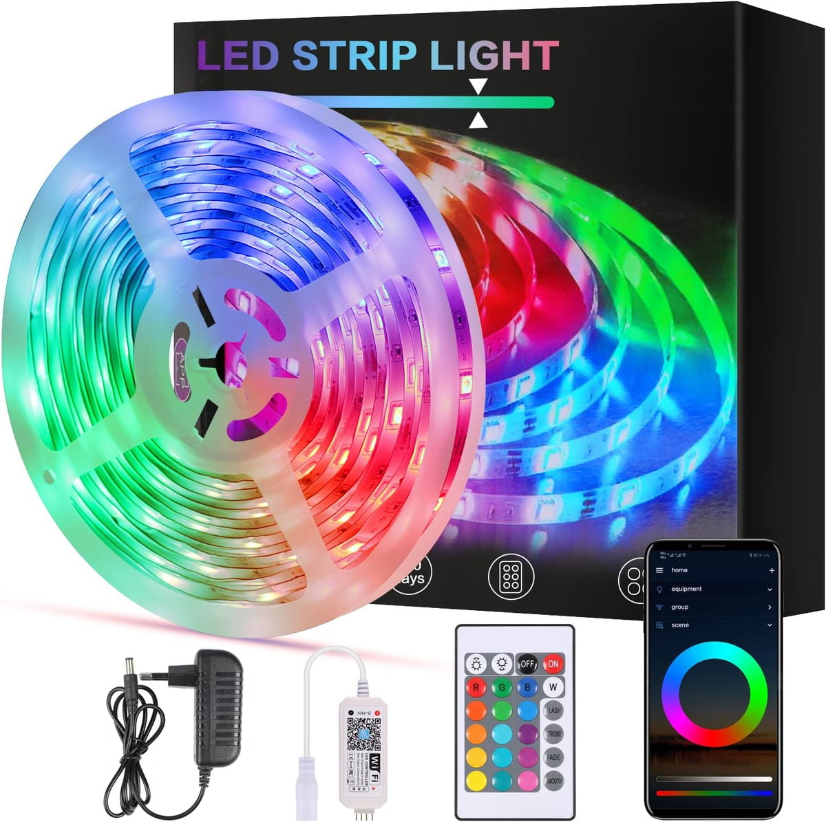 Ruban LED Smart WiFi Bande LED 5m 5050 RGB App Controle, IP65 étanche Bande Lumineuse Flexible Multicolore avec Télécommande pour Maison Cuisine Télévision Chambre Fête Festive Decoration