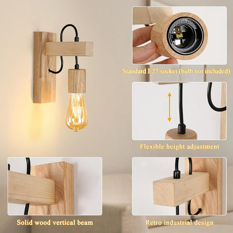 Applique Murale Intérieur Bois Moderne Lampe murale E27 Base Pour Chambre, Restaurant, Couloir, Café, Bar(Ampoule non incluse)