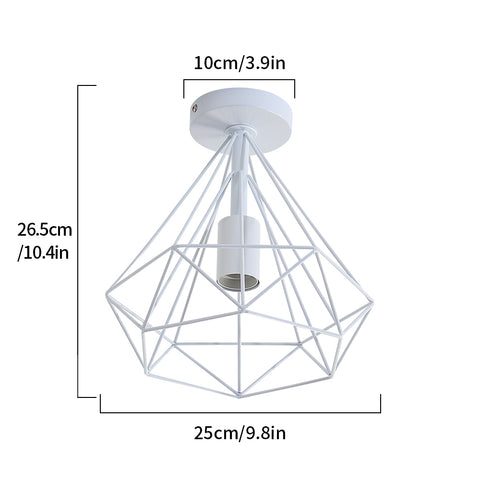 Vintage Plafonnier Industriel Diamant en forme Cage Métal Rétro Lampe de Plafond Abat-jour Suspension Luminaire pour Salle à Manger Bar Chambre,25cm (Blanc)