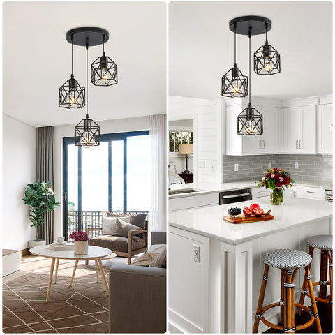 Suspension Luminaire Vintage Noir, Métal Cage Noir Vintage, Plafonnier Industriel, 3 Lumières E26 (Ampoule Non Incluse)