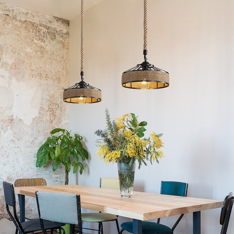 GOECO Lustre en Corde de Chanvre, Lampe à Suspension Rétro en Métal Noir, Lustres Suspensions En Country, Plafonnier Couloir E27 Luminaire pour Salon Salle Chambre Décorer Maison 220V