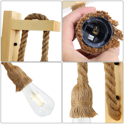 Retro houten wandlamp, industriële vintage wandspots, E27 creatieve henneptouw wandlampen voor slaapkamer, balkon, gang, keuken, trap