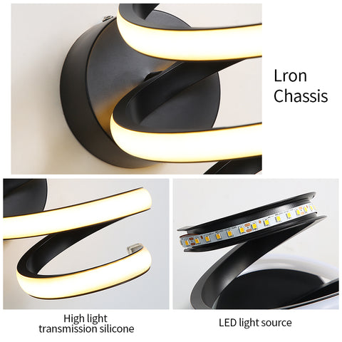 Led-wandlamp 21W Zwart Spiraal Eenvoudig Modern Creativiteit Aluminium Metaal Wandlamp 3000K Binnenwandlamp Geschikt voor slaapkamer, gang, woonkamer, bar