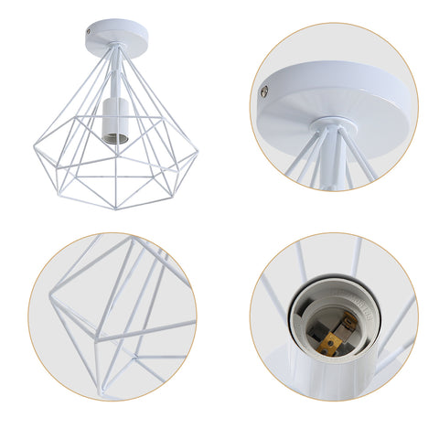 Vintage Plafonnier Industriel Diamant en forme Cage Métal Rétro Lampe de Plafond Abat-jour Suspension Luminaire pour Salle à Manger Bar Chambre,25cm (Blanc)