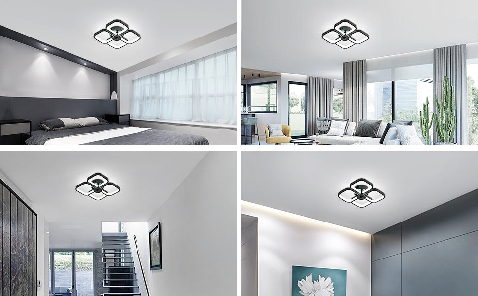 Lampa sufitowa Led, nowoczesna prostokątna metalowa akrylowa lampa sufitowa 32W żyrandol lampa sufitowa, średnica 24CM lampa sufitowa biurowa do sypialni, salonu, jadalni, przedpokoju czarna