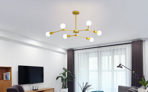 Kroonluchter Plafondlamp E27 6 Lichten Gouden Plafondkroonluchter met Verstelbare Lichtarmen Van toepassing op Woonkamer Slaapkamer Eetkamer Café Bar (exclusief lamp)