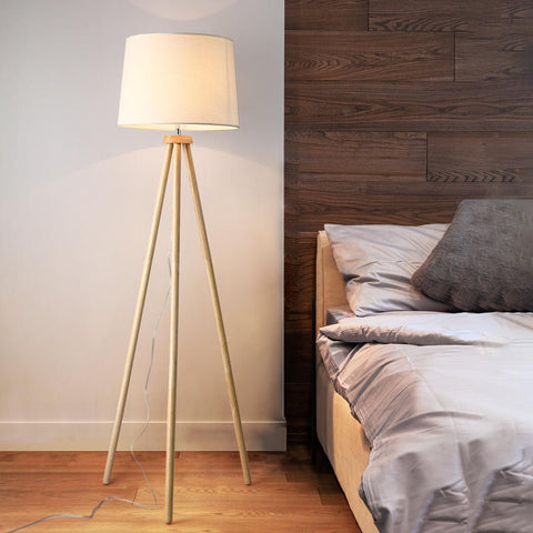 Lampadaire trépied en bois, lampadaire Led avec interrupteur à pied, lampadaire vintage, lampadaire avec ampoule E27 et abat-jour en lin pour salon chambre à coucher