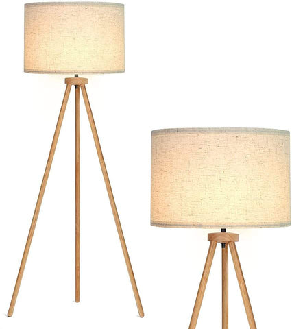Lampadaire trépied en bois, lampadaire Led avec interrupteur à pied, lampadaire vintage, lampadaire avec ampoule E27 et abat-jour en lin pour salon chambre à coucher