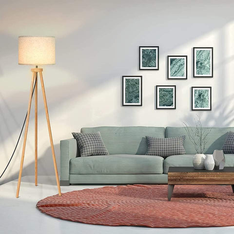 Lampadaire trépied en bois, lampadaire Led avec interrupteur à pied, lampadaire vintage, lampadaire avec ampoule E27 et abat-jour en lin pour salon chambre à coucher