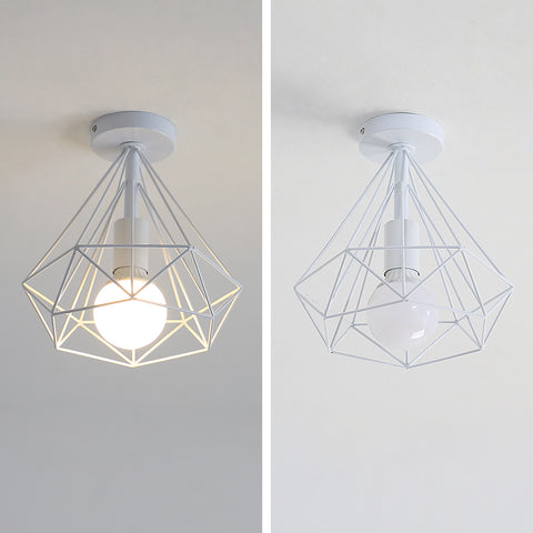 Vintage Plafonnier Industriel Diamant en forme Cage Métal Rétro Lampe de Plafond Abat-jour Suspension Luminaire pour Salle à Manger Bar Chambre,25cm (Blanc)
