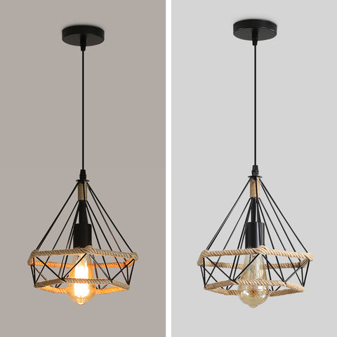 Corde de chanvre Cage Lampe de Plafond,Lustre Suspension Industrielle 25cm en forme Diamant Corde de Chanvre
